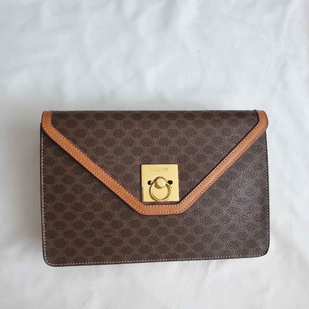 Authentic CELINE Monogram Ring Lock Clutch Bag Brown Made in Italy